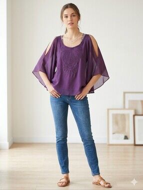 Marineblu Purple Beaded Chiffon Batwing Cold Shoulder Boho Blouse Medium (Small)